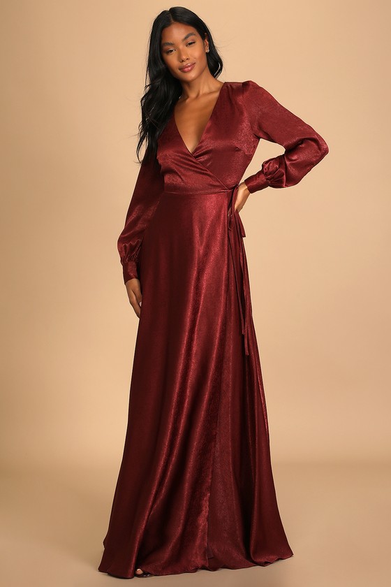 Burgundy Maxi Dress - Satin Wrap Dress ...